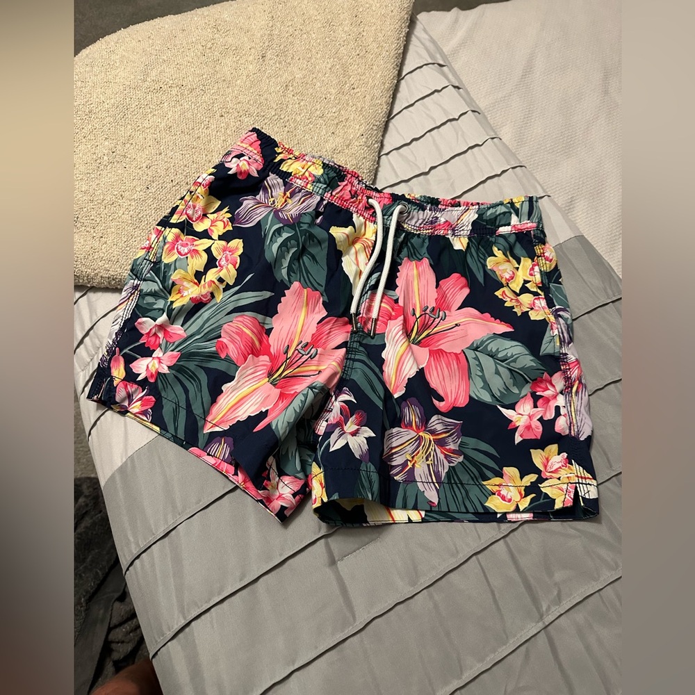 Abercrombie & Fitch Navy Floral Swim Trunks with Pink & Yellow Blooms